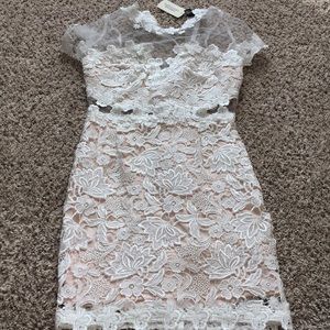 white and nude floral tight homecoming dress